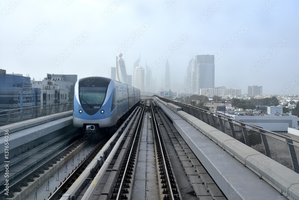 Fototapeta premium Dubai, United Arab Emirates - February 19, 2017, The Dubai Metro is a driverless, fully automated metro rail network in Dubai, United Arab Emirates