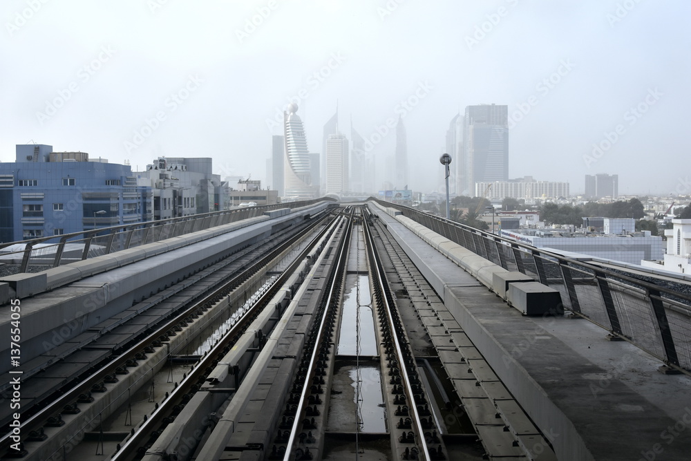 Dubai, United Arab Emirates - February 19, 2017, The Dubai Metro is a driverless, fully automated metro rail network in Dubai, United Arab Emirates Dubai, United Arab Emirates - February 19, 2017, The Dubai Metro is a driverless, fully automated metro rail network in Dubai, United Arab Emirates