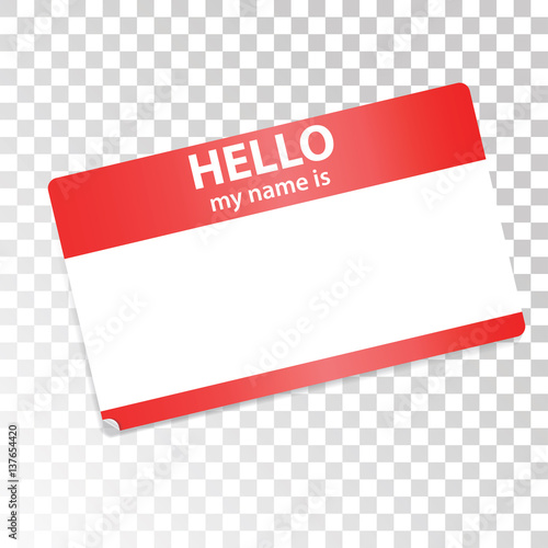 Hello, my name is. Red-white sticker on transparent background. Isolated design element for web, print, advertising. Vector stock.