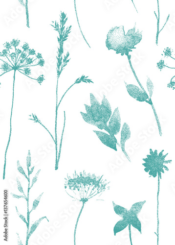 Seamless pattern with dry flowers and grass. Hand drawn illustration with stipple effect. EPS10 vector.