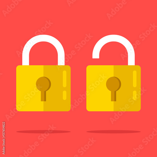 Open and closed lock icons set. Two yellow padlocks. Closed and open lock objects concept. Modern graphic elements. Flat design vector illustration
