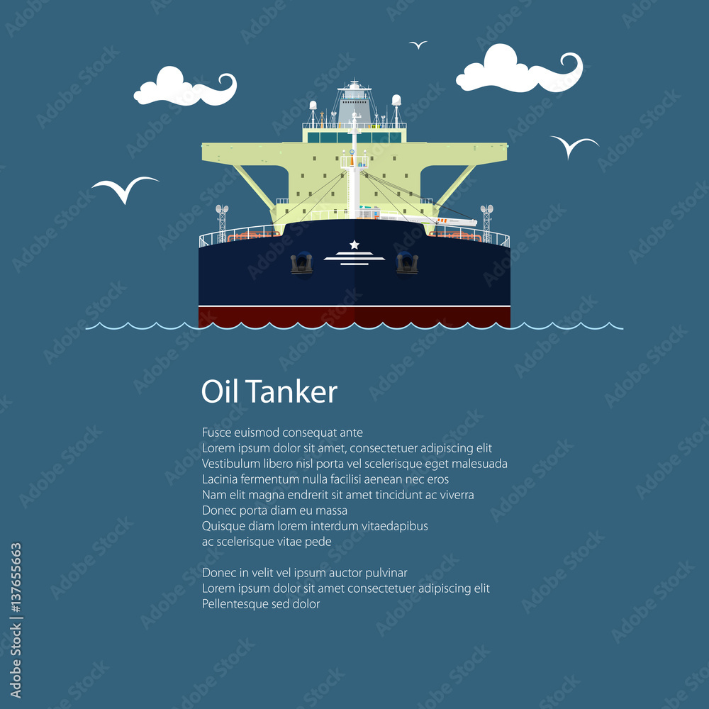 Naklejka premium Front View of the Vessel Oil Tanker and Text, International Freight Transportation, Ship for the Transportation of Goods, Poster Brochure Flyer Design, Vector Illustration