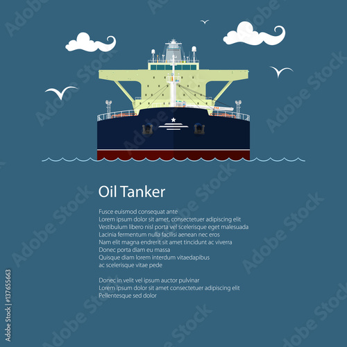 Front View of the Vessel Oil Tanker and Text, International Freight Transportation, Ship for the Transportation of Goods, Poster Brochure Flyer Design, Vector Illustration