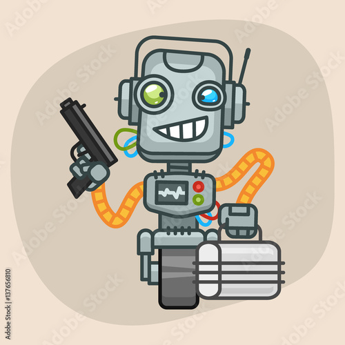 Robot Holding Gun and Suitcase