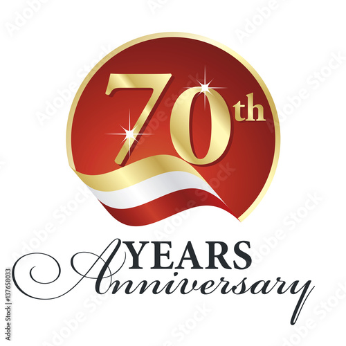 Anniversary 70 th years celebrating logo gold white red ribbon background