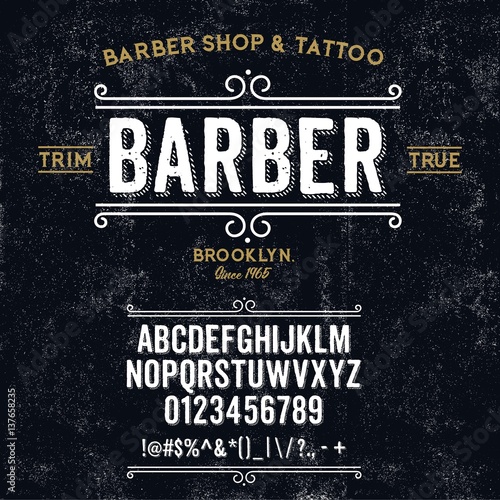 Typeface. Label. Modern barber shop typeface, labels and different type designs