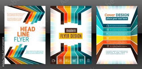 Abstract stripes vector brochure template. Flyer with lines, stripes motion and dynamics. Cover layout with flat style. Infographic elements and icons. Modern design for posters and banner. Vector eps