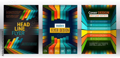 Abstract stripes vector brochure template. Flyer with lines, stripes motion and dynamics. Cover layout with flat style. Infographic elements and icons. Modern design for posters and banner. Vector eps