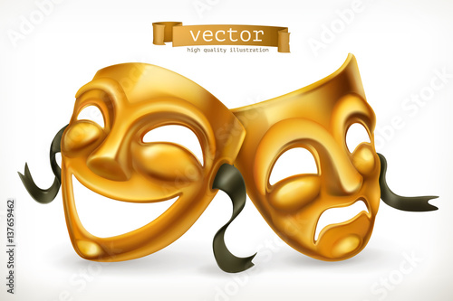 Gold theatrical masks. Comedy and tragedy, 3d vector icon