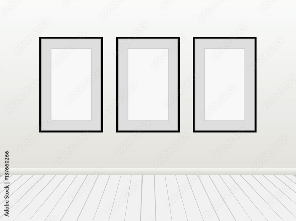 Three Vector Empty Blank White Mock Up Posters Pictures Black Frames on Wall with Floor a Front View Three Vector Empty Blank White Mock Up Posters Pictures Black Frames on Wall with Floor a Front View