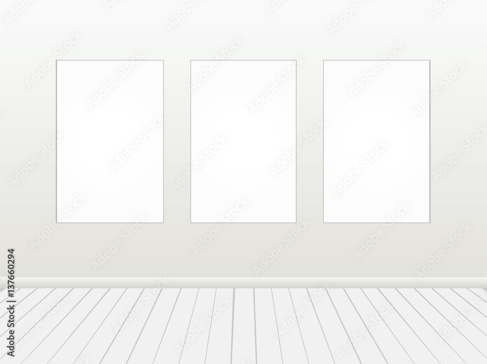 Three Vector Empty Blank White Mock Up Posters on Wall with Floor a Front View. Three Vector Empty Blank White Mock Up Posters on Wall with Floor a Front View.