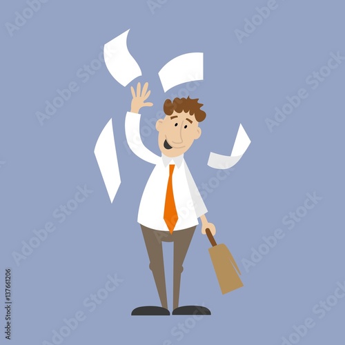 Business man throwing papers in the air. vector illustration