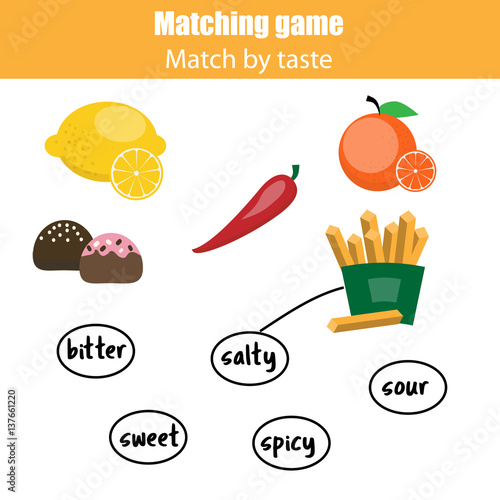 Matching children educational game, match food by taste