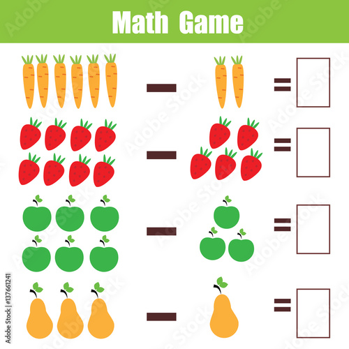 Math educational game for children, subtraction mathematics worksheet