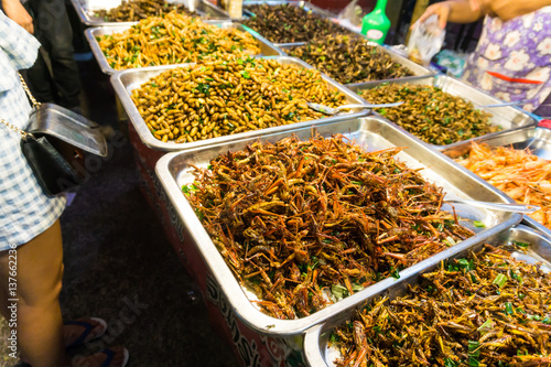 Fried bamboo caterpillar pile worms in market © themorningglory