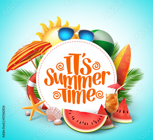 Summer time vector banner design with white circle for text and colorful beach elements in white background. Vector illustration.
