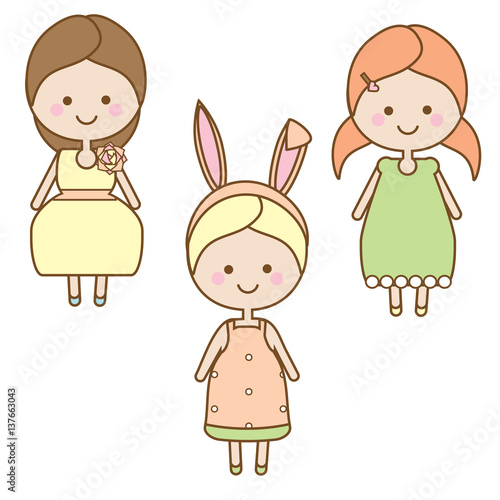 Cute smiling girls characters. Sweet cartoon little kids in summer dresses