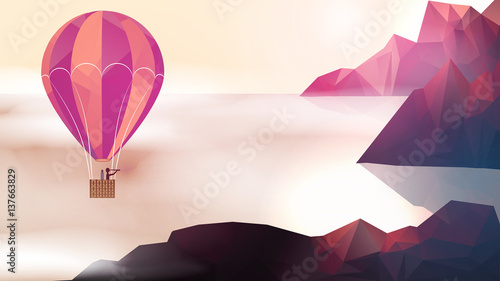 Hot Air Balloon Near Mountain Tops with Clouds - Vector Illustration.