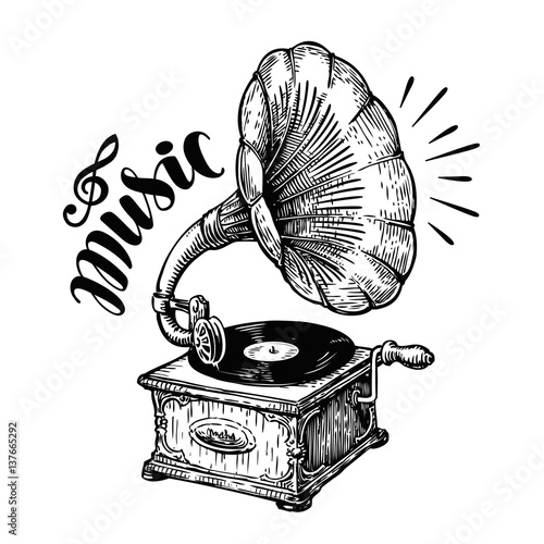 Hand drawn gramophone, sketch. Music, nostalgia symbol. Vintage vector illustration