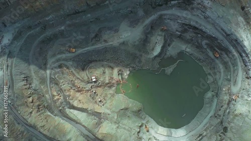 Aerial. A big open pit with a lake, roads and mining machines