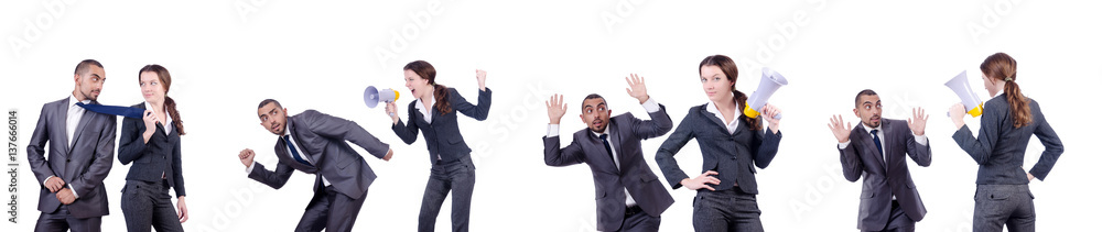Office conflict between man and woman isolated on white Office conflict between man and woman isolated on white