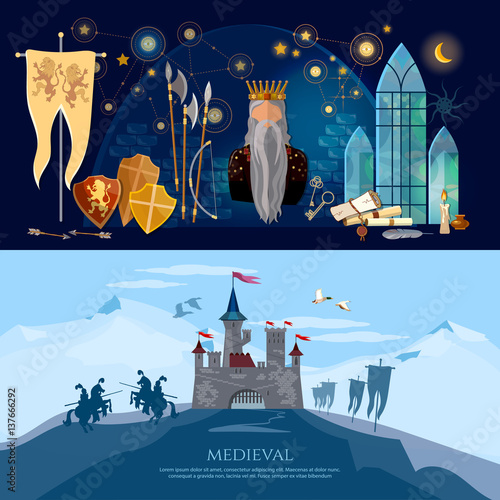Medieval banners, old king, joust, knight, medieval castle. Ancient history of Europe
