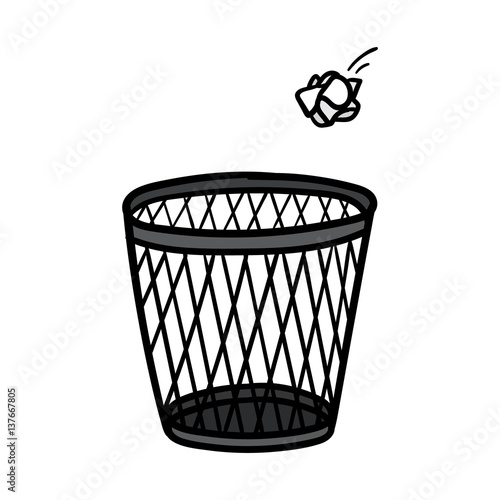 Cartoon Crumpled Paper and Trash Can Vector Illustration
