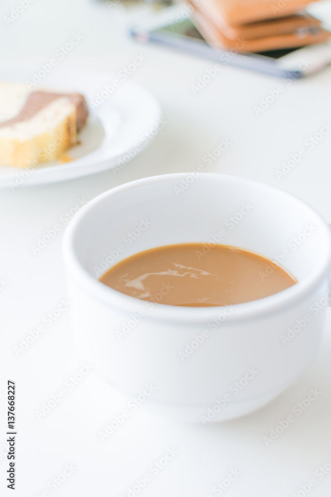 Coffee time, coffee cup with bread and smartphone & wallets. Coffee time, coffee cup with bread and smartphone & wallets.