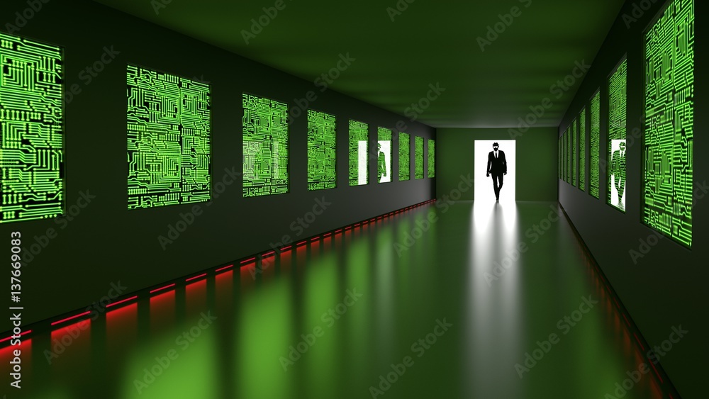 Hacker enters backdoor to server room with circuit screens Hacker enters backdoor to server room with circuit screens