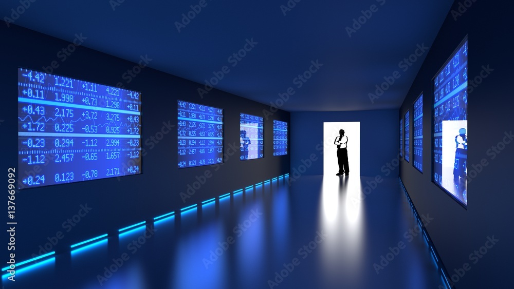 Businessman enters dark room with blue stock market screens