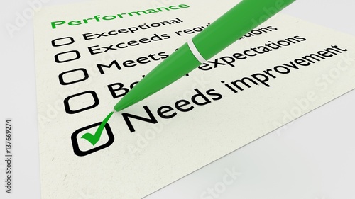 Green ball pen crossing off needs improvement on performance checklist