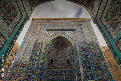Detal view exterior facade, with tiles, Samarkand, Uzbekistan