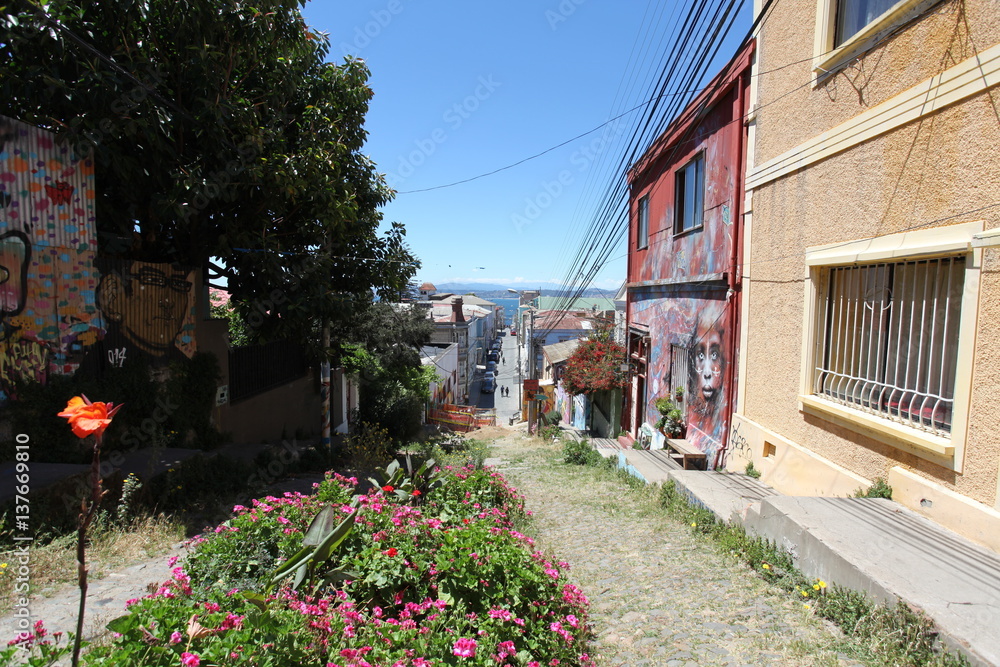 Street with colorful houses in Valparaiso, Chile. South America