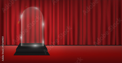 real 3d transparent acrylic trophy with red curtain stage background
