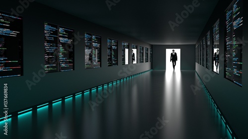 Hacker enters backdoor to server room with computercode screens photo