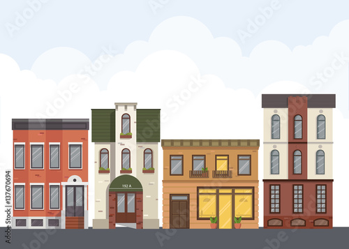 Street landscape. City street with urban buildings,apartment , shops, houses in flat style.