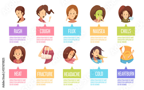 Cartoon Sickness Woman Icon Set