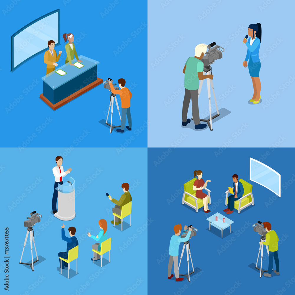 Naklejka premium Isometric Mass Media Concept with Reporters and Journalists. Vector illustration