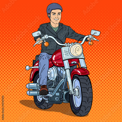 Pop Art Man Biker Riding a Chopper. Vector illustration