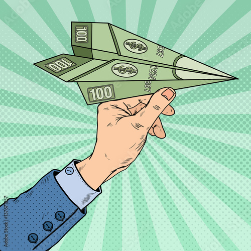 Pop Art Businessman Hand Throwing Dollar Paper Plane. Vector illustration