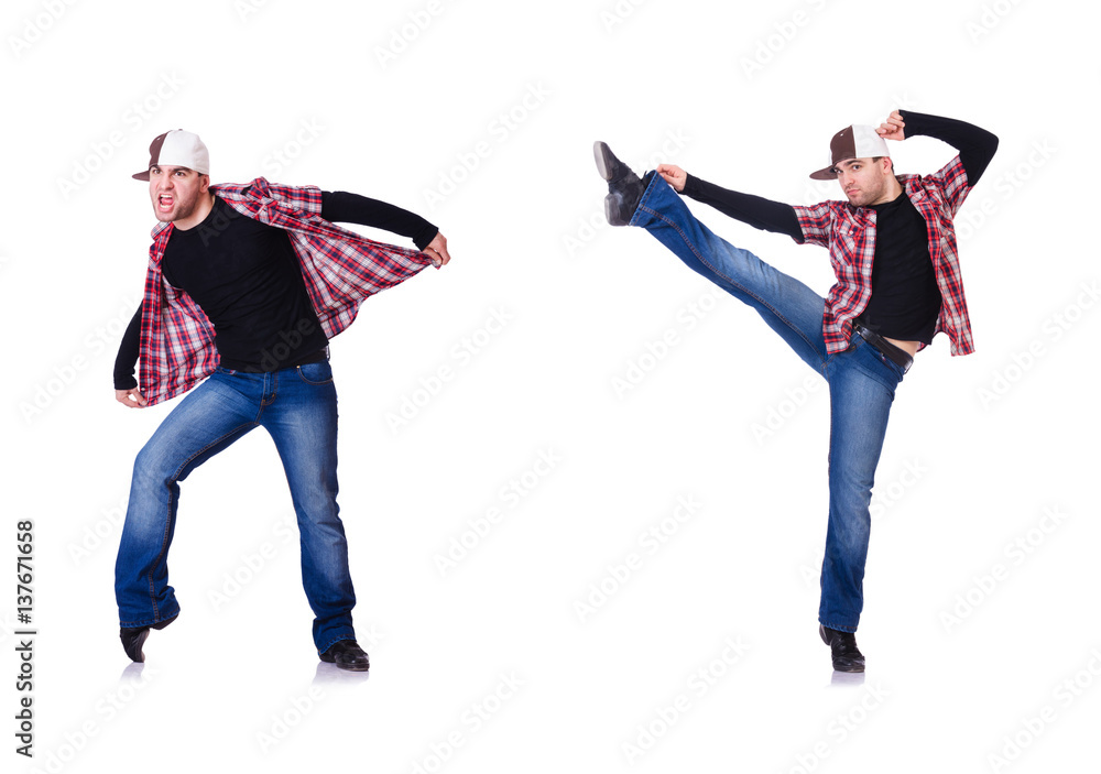 Fototapeta premium Man dancing modern dances on white
