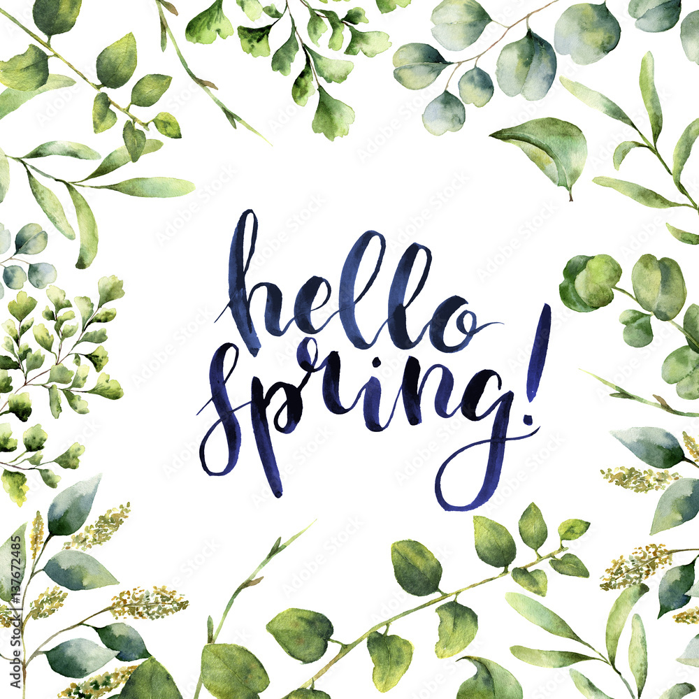 Obraz Akwarela Witaj wiosna. Ręcznie malowane kwiatowy karty z gałęzi eukaliptusa, paproci i wiosną zieleni na białym tle. Drukowanie dla projektu lub tła.