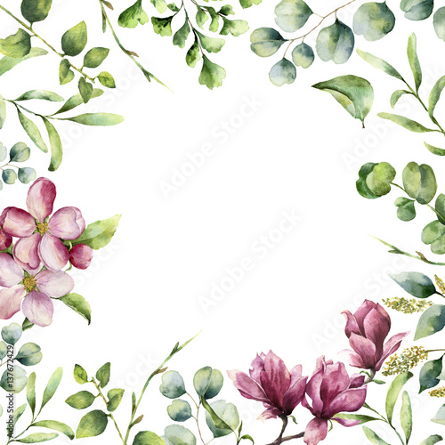 Watercolor floral frame with herbs and flowers. Hand painted plant card with eucalyptus, fern, spring greenery branches, cherry blossom and magnolia isolated on white background. 
