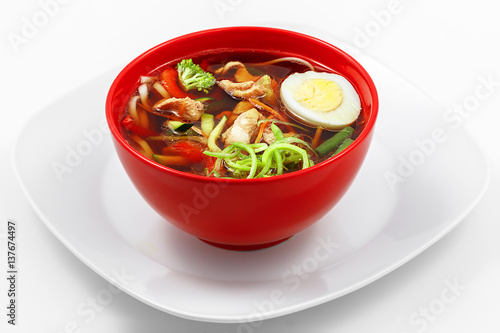 Chicken noodle soup, paprika, zucchini, carrots, wheat udon noodles, chicken photo