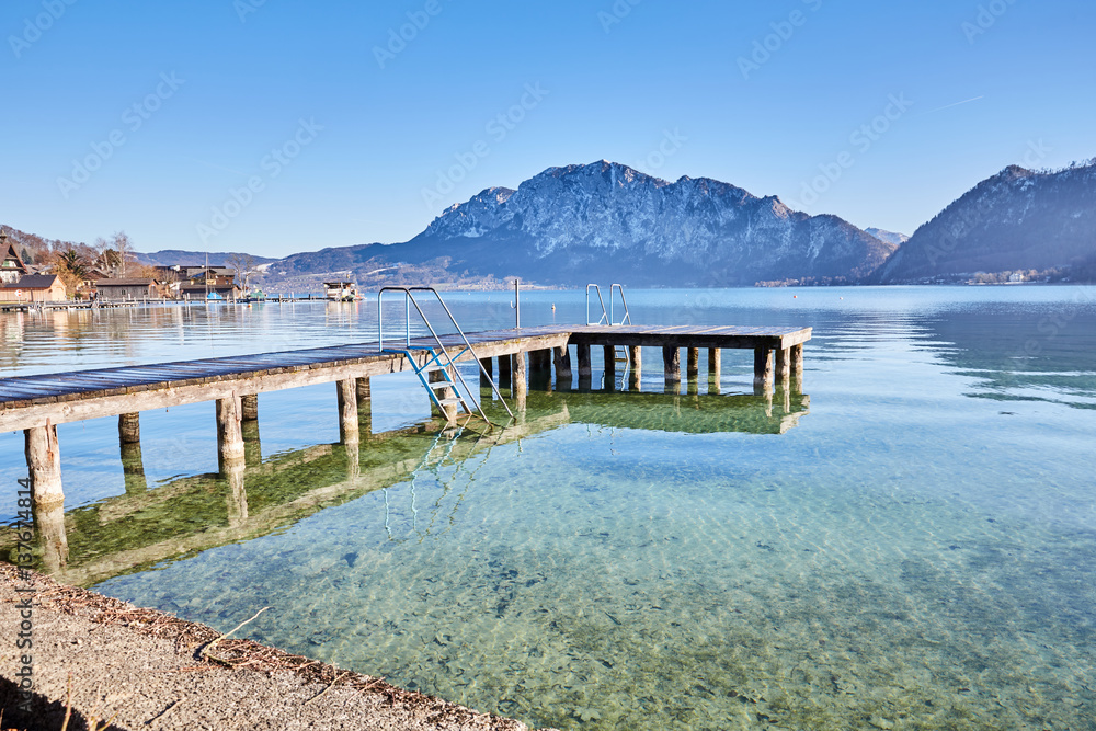 Beautiful landscape at lake Attersee in Unterach