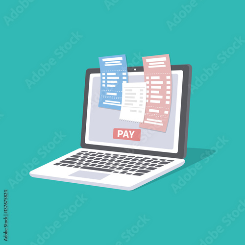Concept of pay bills tax accounts online via computer or laptop. Online payment service. Laptop with checks and invoices on the screen. Pay button. Vector illustration isolated.