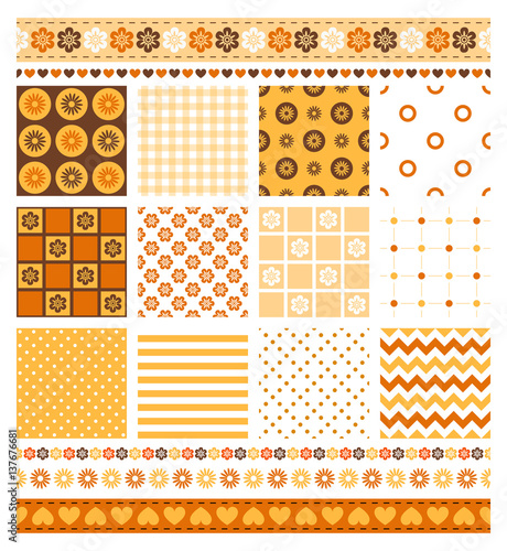 set of seamless patterns for scrapbook: lines, stripes, dots, zigzags, flowers, hearts