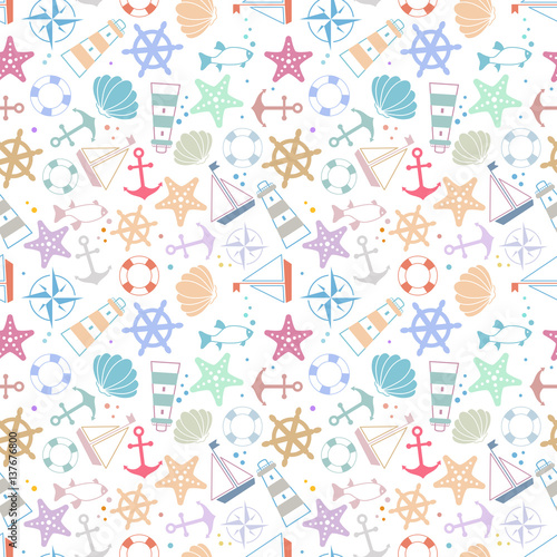 seamless pattern: sea symbols. shell, ship, lighthouse, starfish, anchor, steering wheel, fish