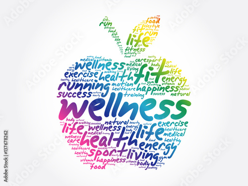 Wellness apple word cloud collage, health concept background