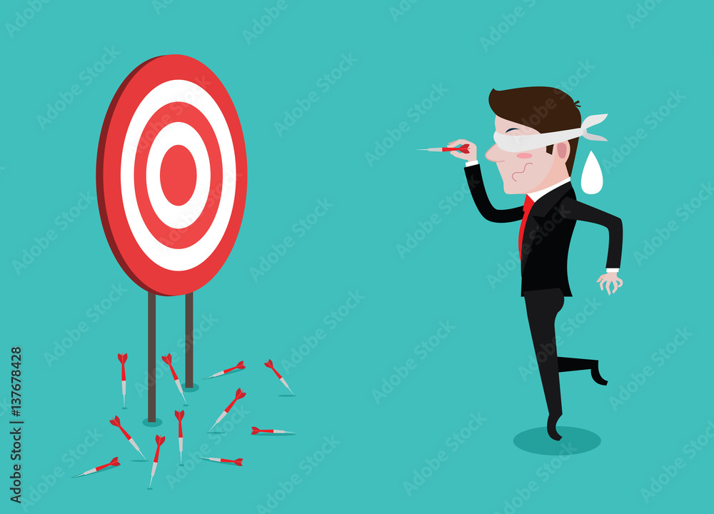 Businessman using a blindfold and hit darts target, Vector Cartoon Stock  Vector | Adobe Stock